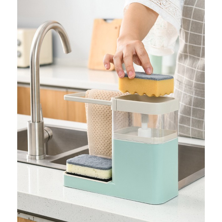 กล่องปั๊มน้ำยาล้างจานอเนกประสงค์พร้อมฟองน้ำ  เพียงกดฟองน้ำลงบนแผ่นปั๊มด้านบน ก็พร้อมใช้งานทำความสะอาดได้เลย:ฟ้า