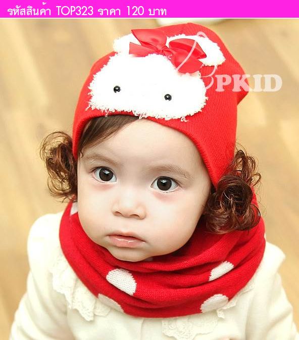 หมวกกระต่ายน้อยโบว์น้อย ปอยผม สีแดง