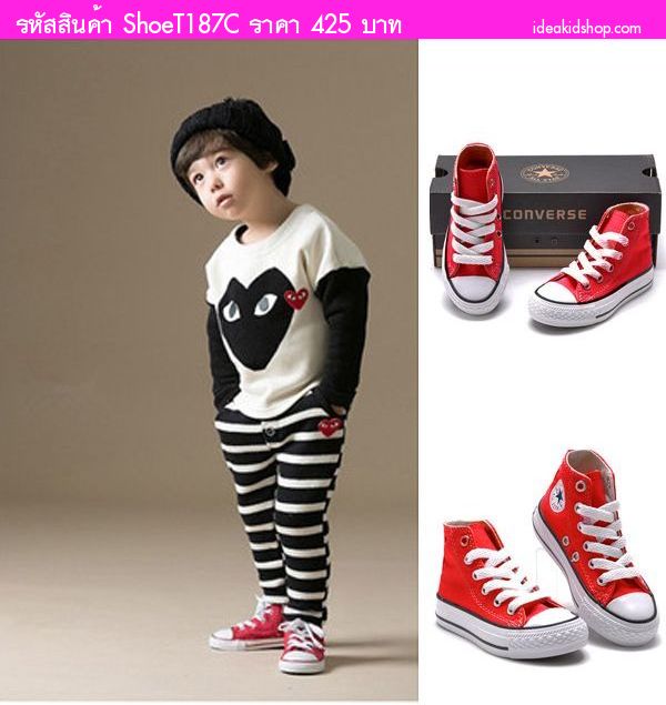 รองเท้าผ้าใบหุ้มข้อ สไตล์ Converse สีแดงขาว