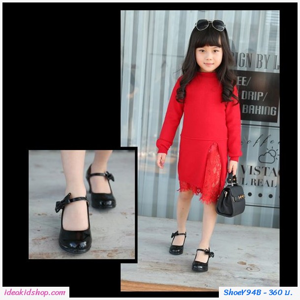 รองเท้าส้นสูง RETRO ติดโบว์ สีดำ