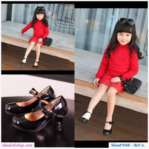 รองเท้าส้นสูง RETRO ติดโบว์ สีดำ