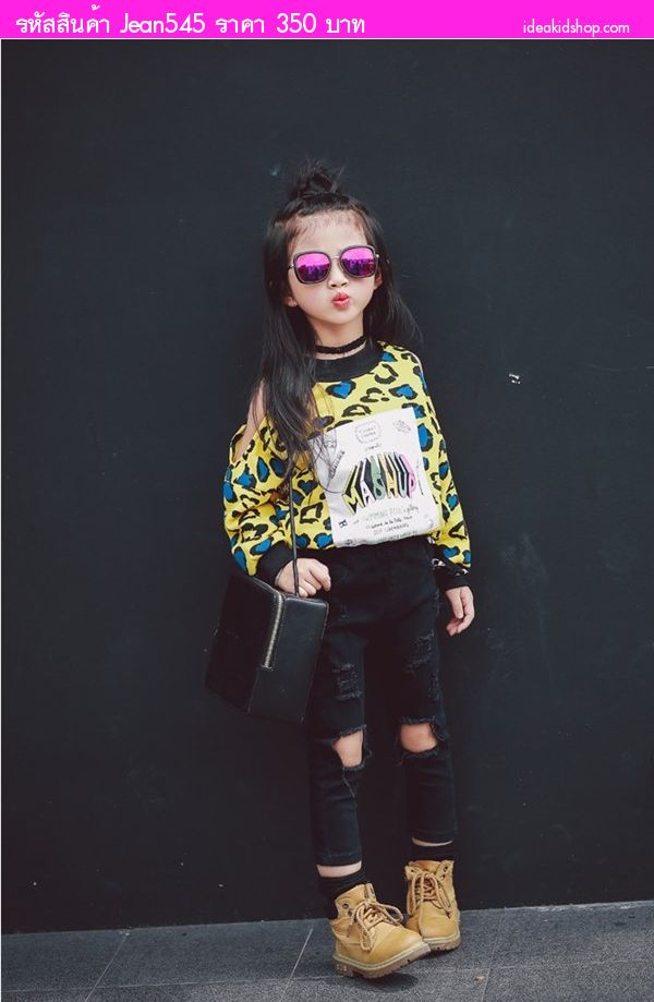 กางเกงขายาว แต่งขาด ผ้ายีนส์ยืด  สีดำ