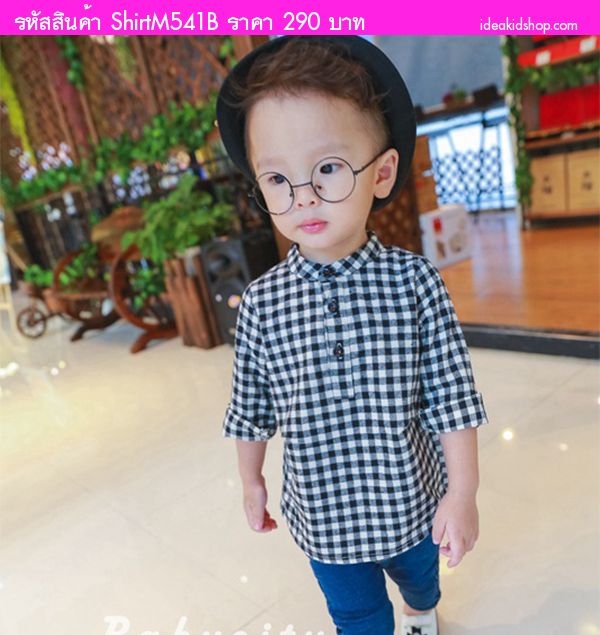 เสื้อเชิ้ตแขนยาวคอจีนคุณชาย ลายสก็อต สีดำ