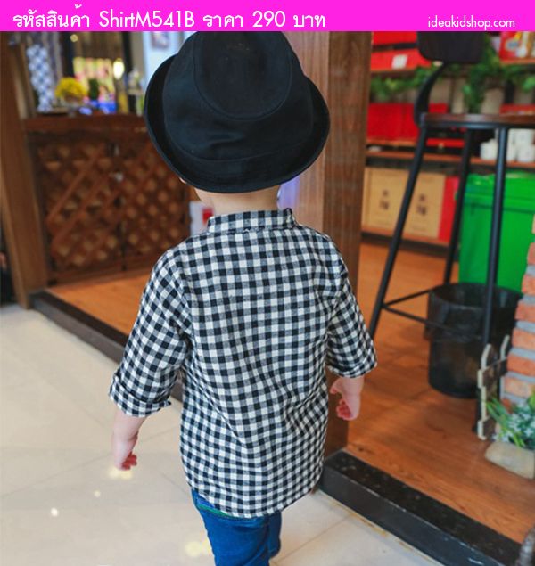 เสื้อเชิ้ตแขนยาวคอจีนคุณชาย ลายสก็อต สีดำ