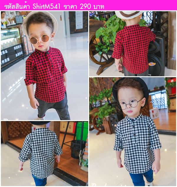 เสื้อเชิ้ตแขนยาวคอจีนคุณชาย ลายสก็อต สีดำ