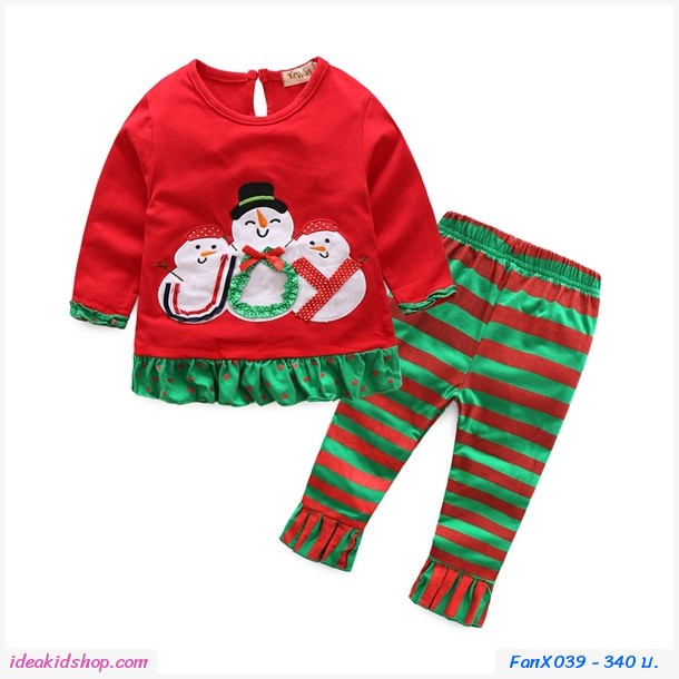 ชุดเสื้อกางเกง Xmas Snow Man n Friends สีแดงเขียว