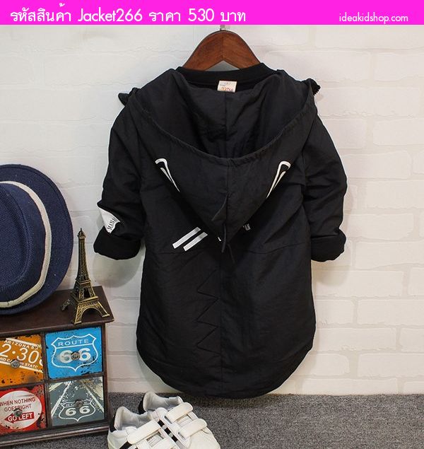 Jacket มีฮู้ดผ้าร่มแฟชั่นลายก๊อตซิลล่า สีดำ