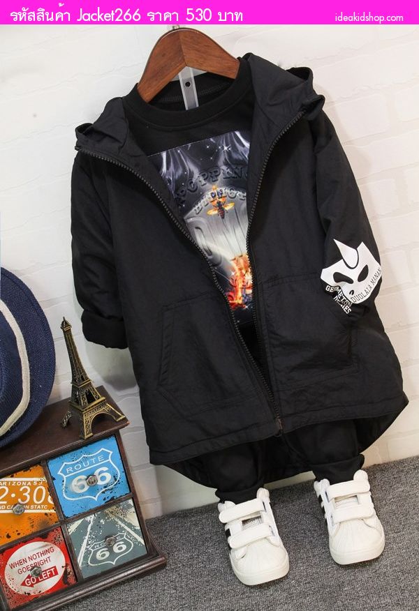 Jacket มีฮู้ดผ้าร่มแฟชั่นลายก๊อตซิลล่า สีดำ