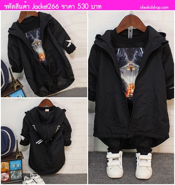 Jacket มีฮู้ดผ้าร่มแฟชั่นลายก๊อตซิลล่า สีดำ