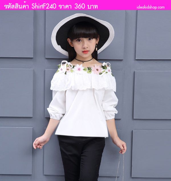 เสื้อสายเดี่ยวปาดไหล่ แต่งดอกไม้ ปักลายฉลุ สีขาว