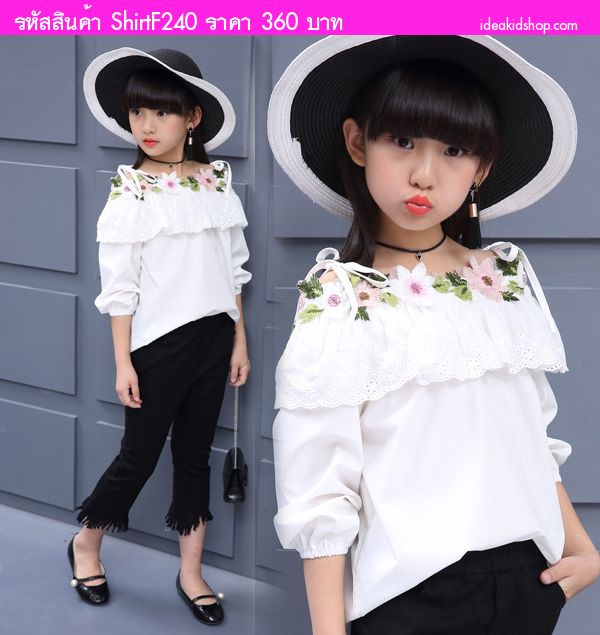 เสื้อสายเดี่ยวปาดไหล่ แต่งดอกไม้ ปักลายฉลุ สีขาว