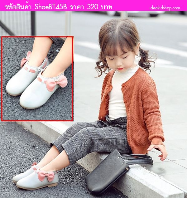 รองเท้าบูทแบบสั้นหนูน้อยยูมิโกะ ติดโบว์ สีเทา