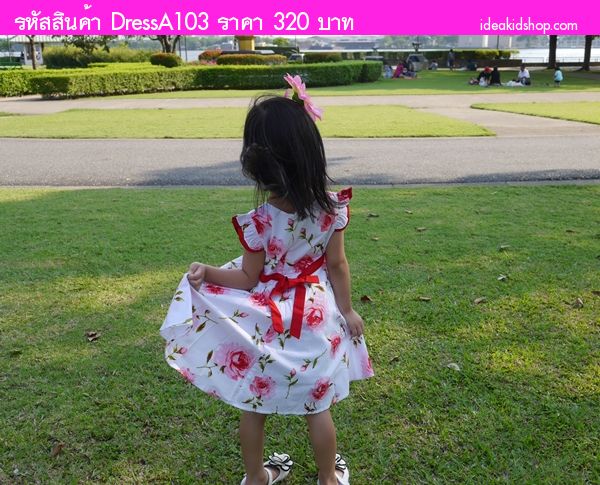 เดรสหลายดอกไม้ แต่งเข็มขัด สีขาว