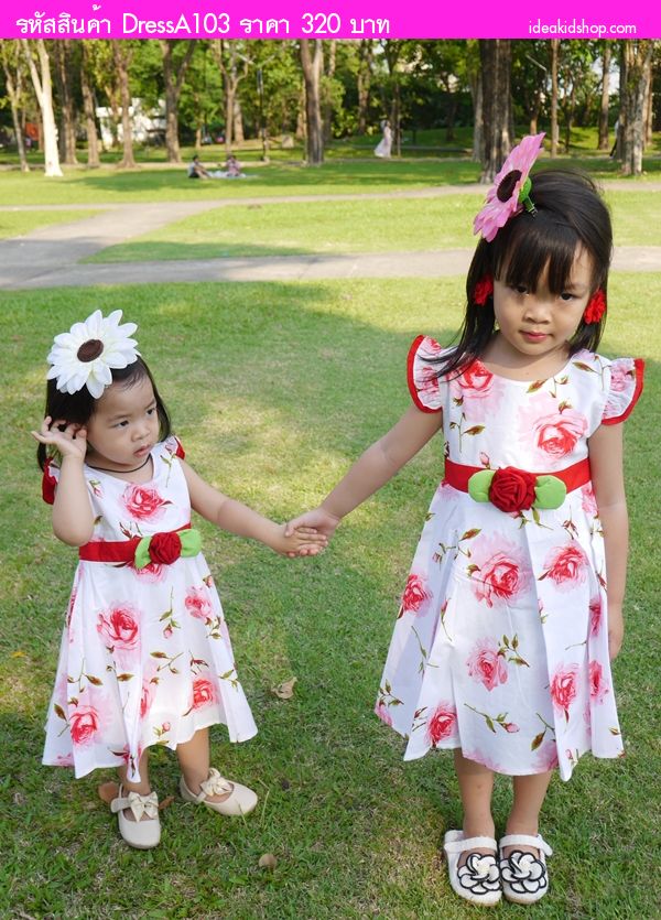 เดรสหลายดอกไม้ แต่งเข็มขัด สีขาว