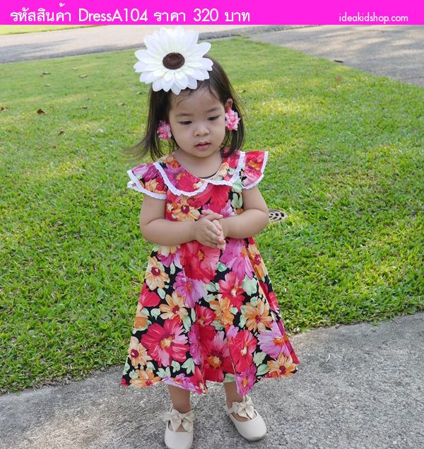 ชุดเดรสลายดอก ทองกวาวน้อย สีชมพู