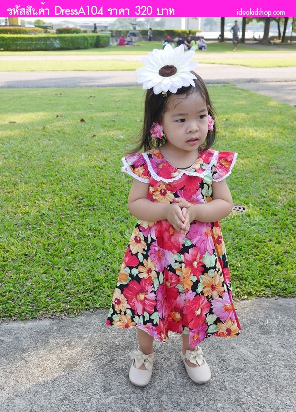 ชุดเดรสลายดอก ทองกวาวน้อย สีชมพู