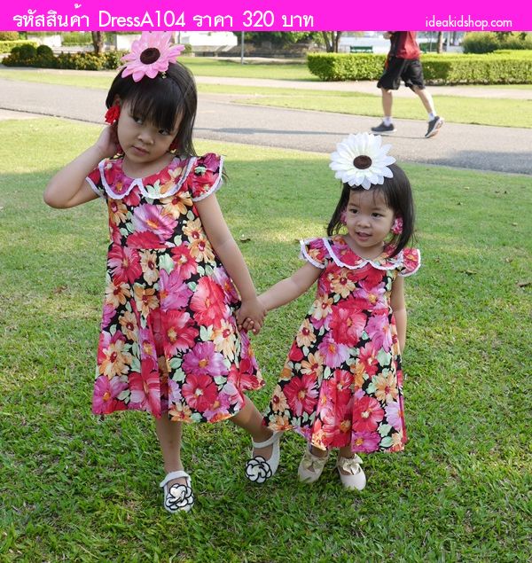 ชุดเดรสลายดอก ทองกวาวน้อย สีชมพู
