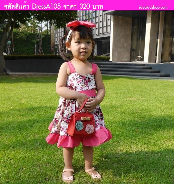 เดรสสายเดี่ยวพร้อมโบว์คาดผม ลายดอกกุหลาบ สีชมพู