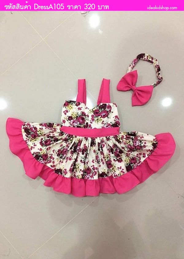 เดรสสายเดี่ยวพร้อมโบว์คาดผม ลายดอกกุหลาบ สีชมพู