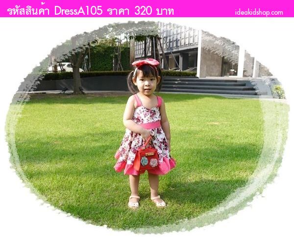 เดรสสายเดี่ยวพร้อมโบว์คาดผม ลายดอกกุหลาบ สีชมพู