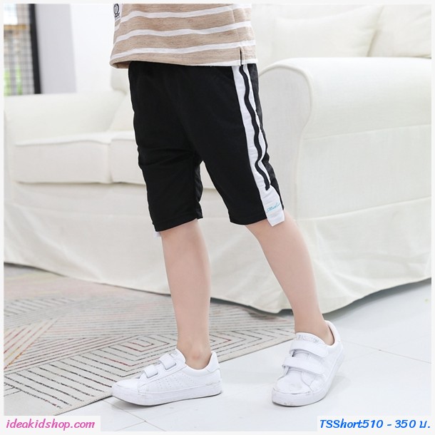 กางเกงสไตล์วอร์มขาสามส่วน แต่งแถบคาดข้าง สีดำ