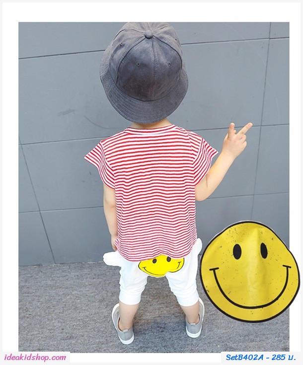 ชุดเสื้อกางเกงลายทาง หน้ายิ้ม Smile สีแดง
