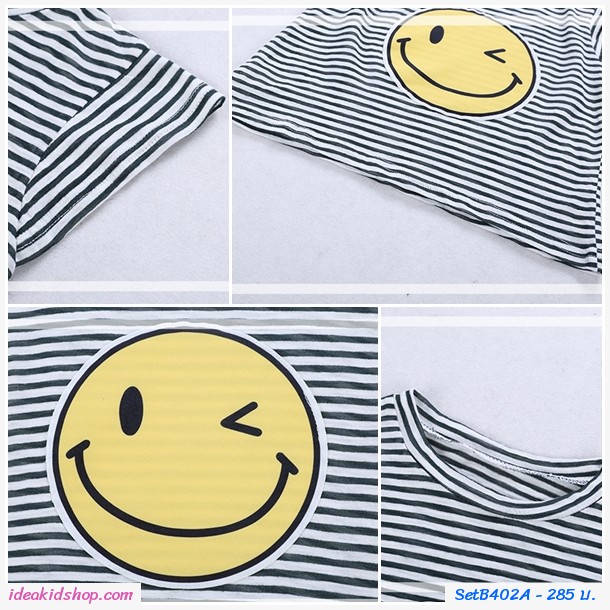 ชุดเสื้อกางเกงลายทาง หน้ายิ้ม Smile สีแดง