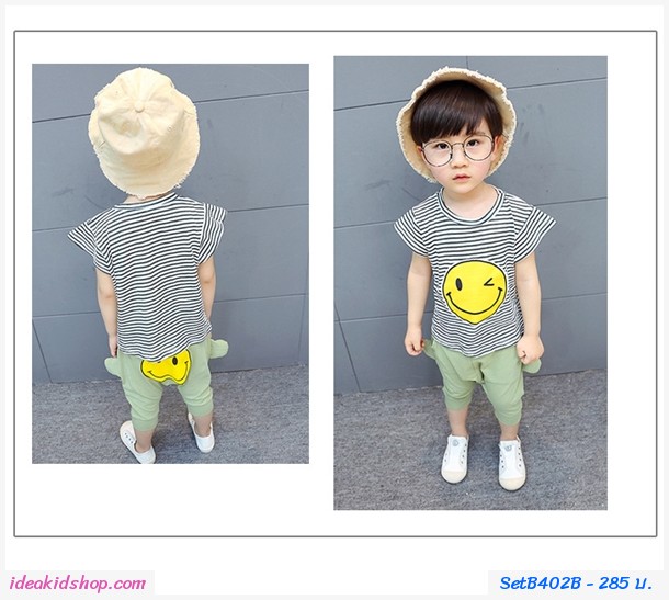 ชุดเสื้อกางเกงลายทาง หน้ายิ้ม Smile สีดำ
