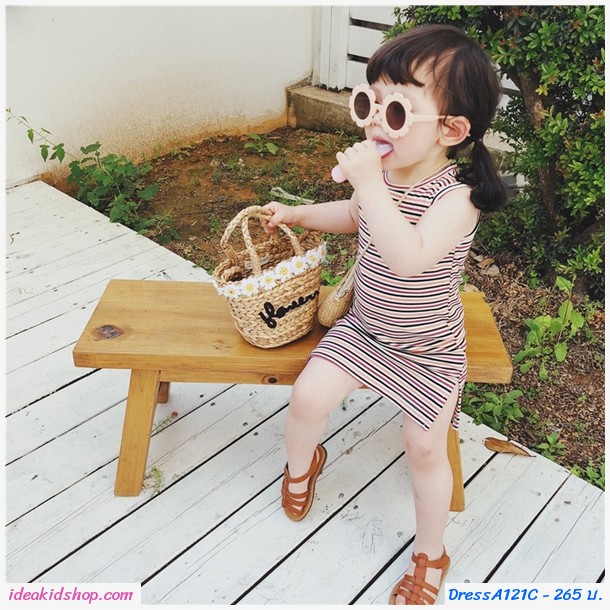 เดรสแขนกุดผ่าข้าง vintage stripe สีขาวดำส้ม