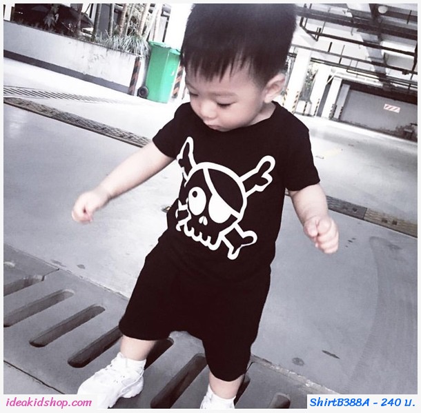 เสื้อยืดชาวร็อค ลายโจรสลัดหัวกะโหลก สีดำ