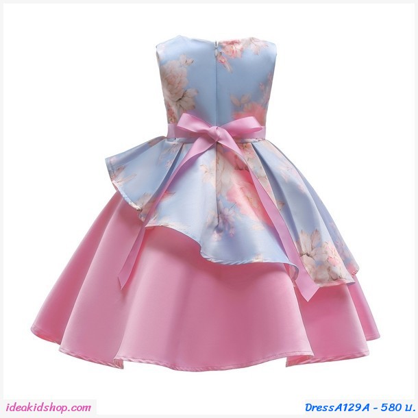 เดรสออกงานติดโบว์ ลายดอกกุหลาบ สีชมพูฟ้า