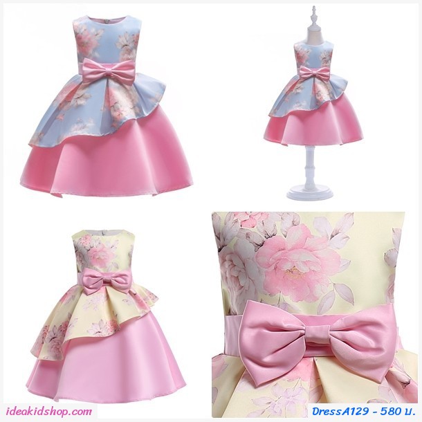 เดรสออกงานติดโบว์ ลายดอกกุหลาบ สีชมพูฟ้า