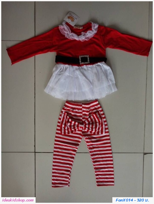 ชุดเสื้อกางเกงสาวน้อยซานตี้ Xmas ลายทาง สีแดง