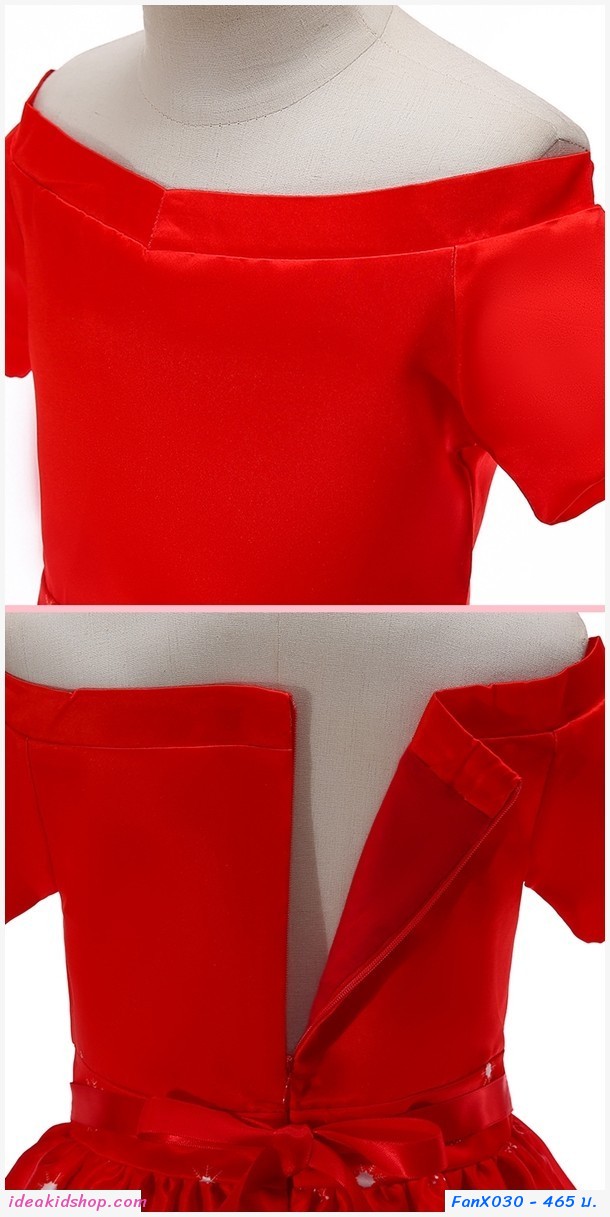 ชุดเดรสผูกโบว์ Xmas ลายซานต้า สีแดง