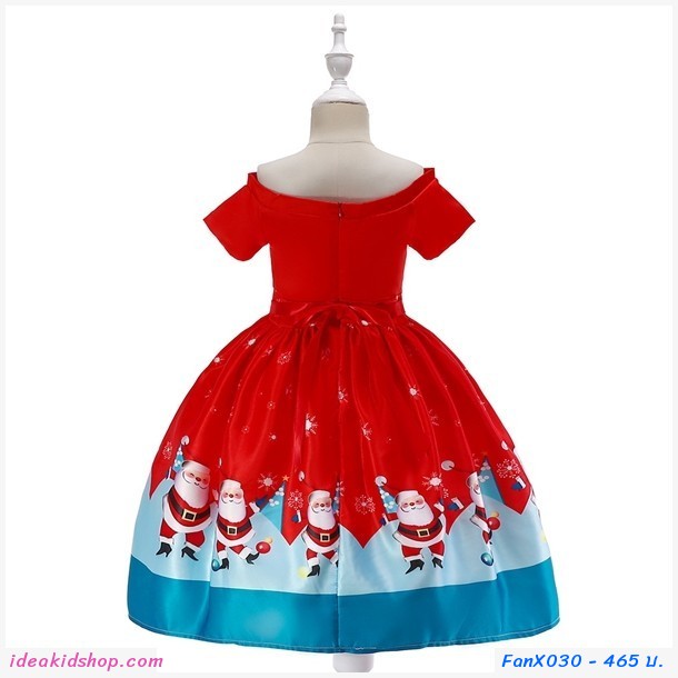 ชุดเดรสผูกโบว์ Xmas ลายซานต้า สีแดง