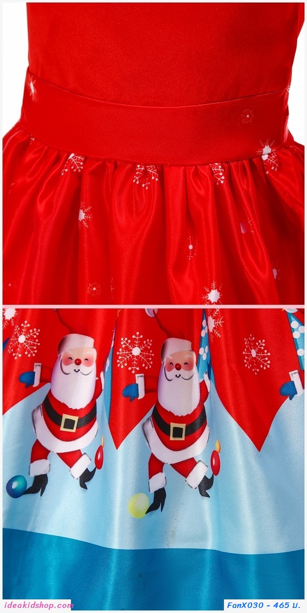ชุดเดรสผูกโบว์ Xmas ลายซานต้า สีแดง