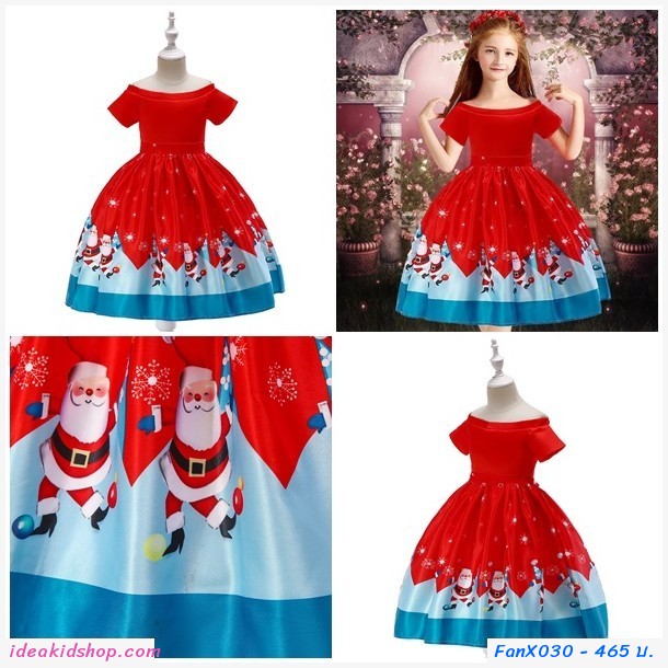 ชุดเดรสผูกโบว์ Xmas ลายซานต้า สีแดง