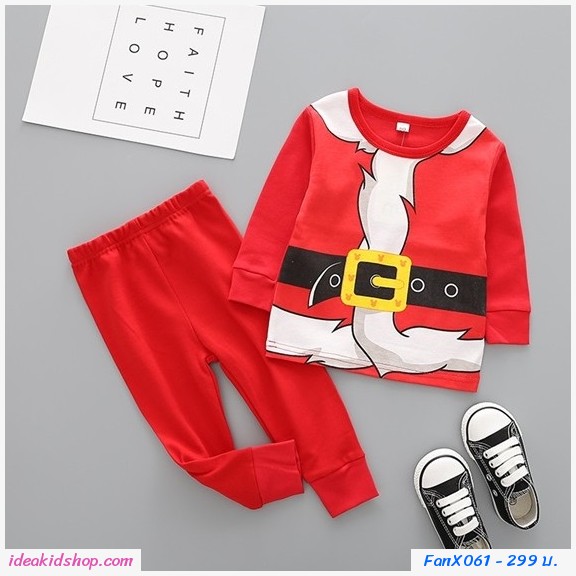 ชุดเสื้อกางเกง Xmas สกรีนลายชุดเข็มขัดซานต้า สีแดง