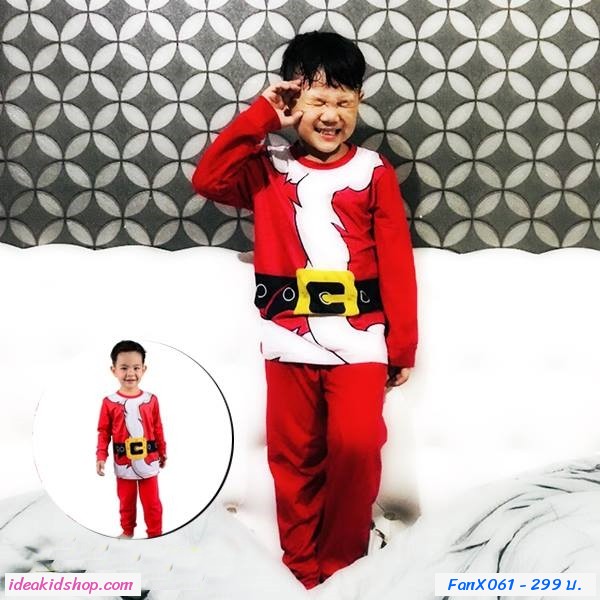ชุดเสื้อกางเกง Xmas สกรีนลายชุดเข็มขัดซานต้า สีแดง