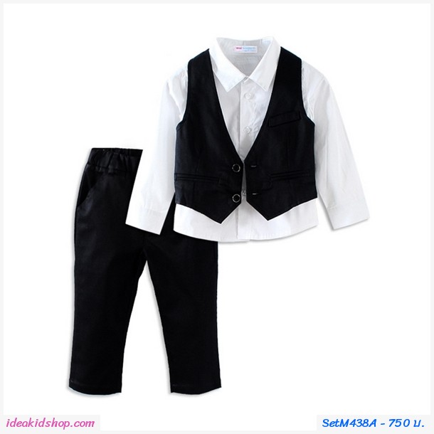 ชุดเสื้อกางเกง+เสื้อกั๊กออกงาน สีดำ(เซต 3 ชิ้น)