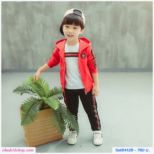 ชุดเสื้อกางเกงมีฮู้ด Gucci สีแดง(ได้ 3 ชิ้น)