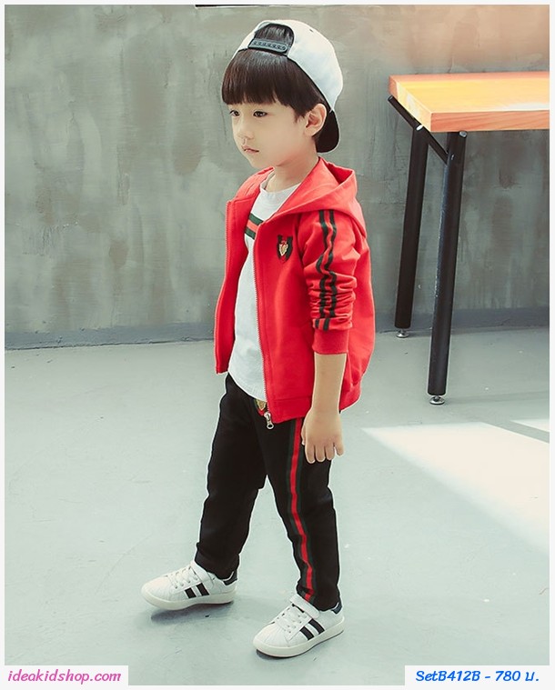 ชุดเสื้อกางเกงมีฮู้ด Gucci สีแดง(ได้ 3 ชิ้น)