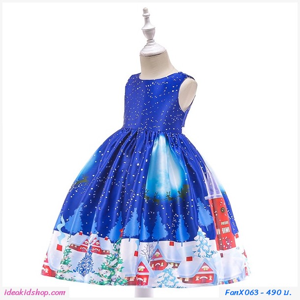 ชุดเดรสผูกโบว์ Xmas ลายหมู่บ้านซานตาคลอส สีน้ำเงิน