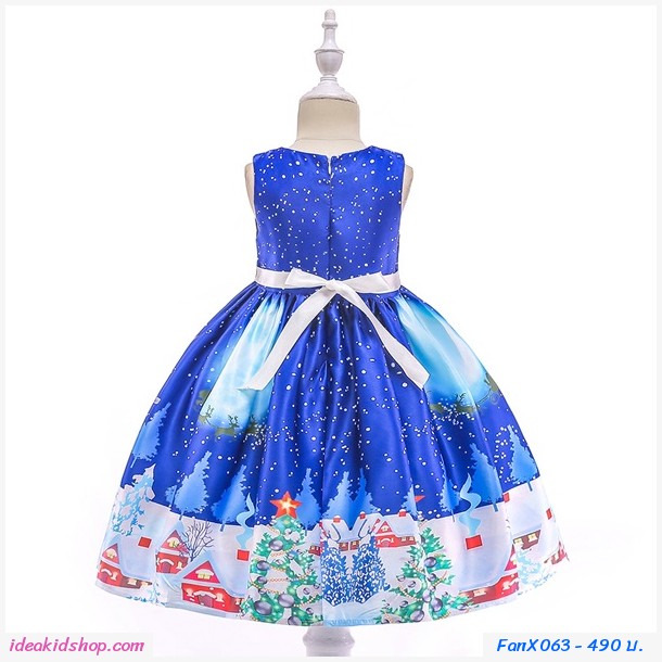 ชุดเดรสผูกโบว์ Xmas ลายหมู่บ้านซานตาคลอส สีน้ำเงิน