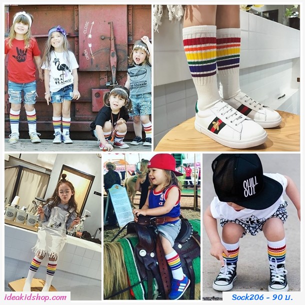 ถุงเท้ายาวแฟชั่น สีรุ้งหลากสี  สีขาว