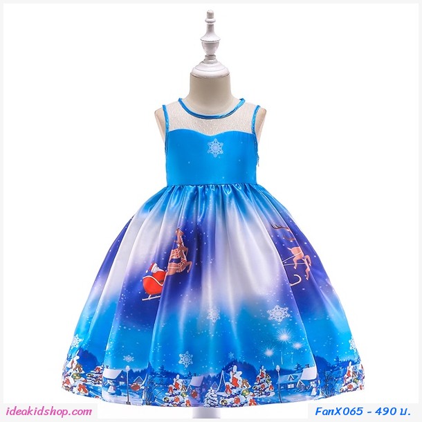 ชุดเดรสผูกโบว์ Xmas Snowflake Frozen สีฟ้า