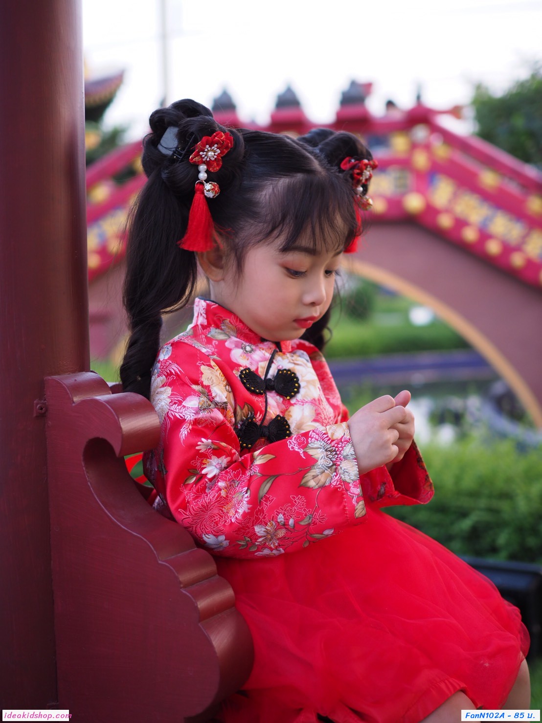 กิ๊บติดผมจีน ดอกไม้พร้อมกระดิ่ง สีแดง(แพคคู่)