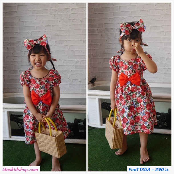 เดรสคอเหลี่ยมแขนตุ๊กตา ทองกวาว พร้อมโบว์ สีแดง