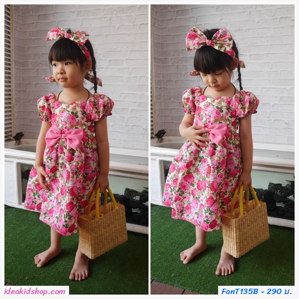 เดรสคอเหลี่ยมแขนตุ๊กตา ทองกวาว พร้อมโบว์ สีชมพู