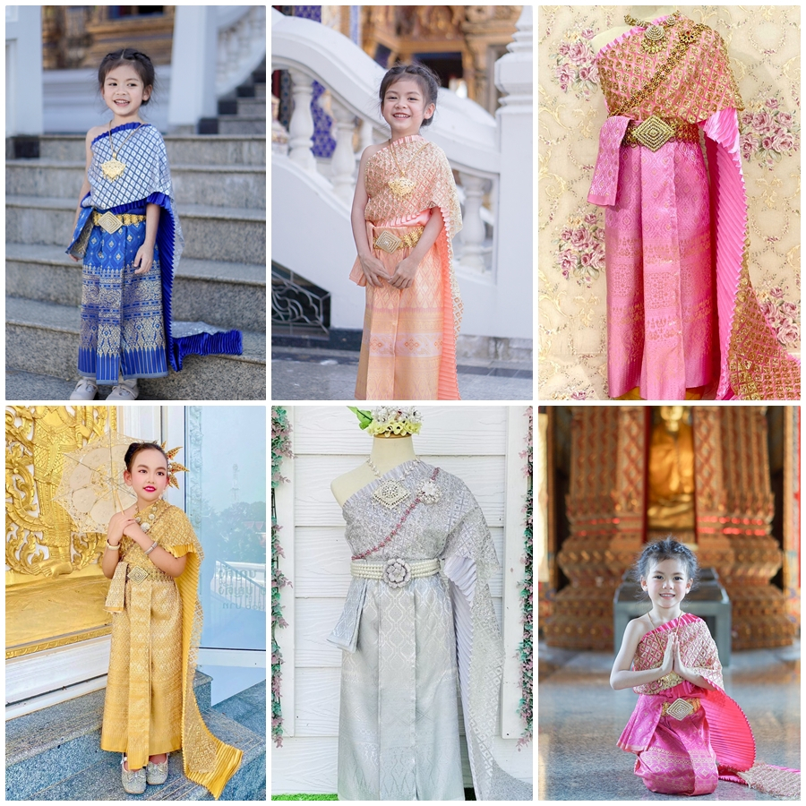 ชุดไทยสไบพีทและกากเพชร+ผ้าถุงหน้านาง สีทอง